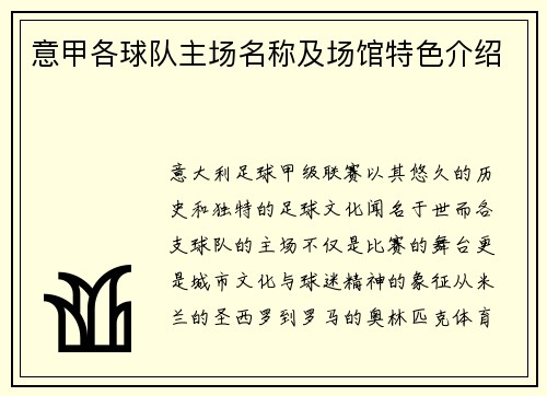 意甲各球队主场名称及场馆特色介绍